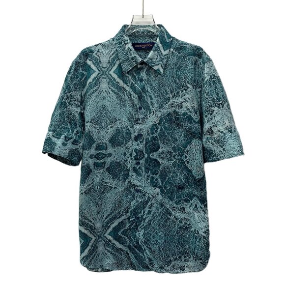 Louis Vuitton Blue Marble Print Collared Single-Breasted Short Sleeve Shirt